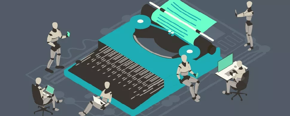 An illustration of robots on electronic devices, positioned around a typewriter