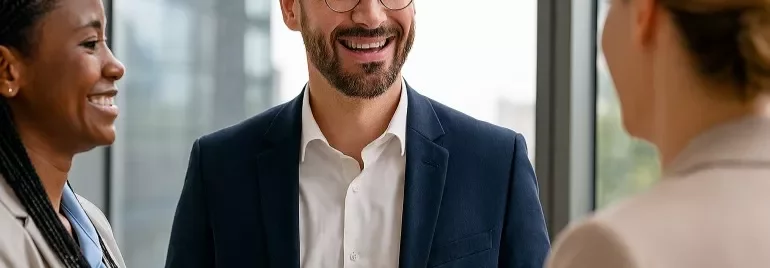 Three middle managers engaging in a networking session.